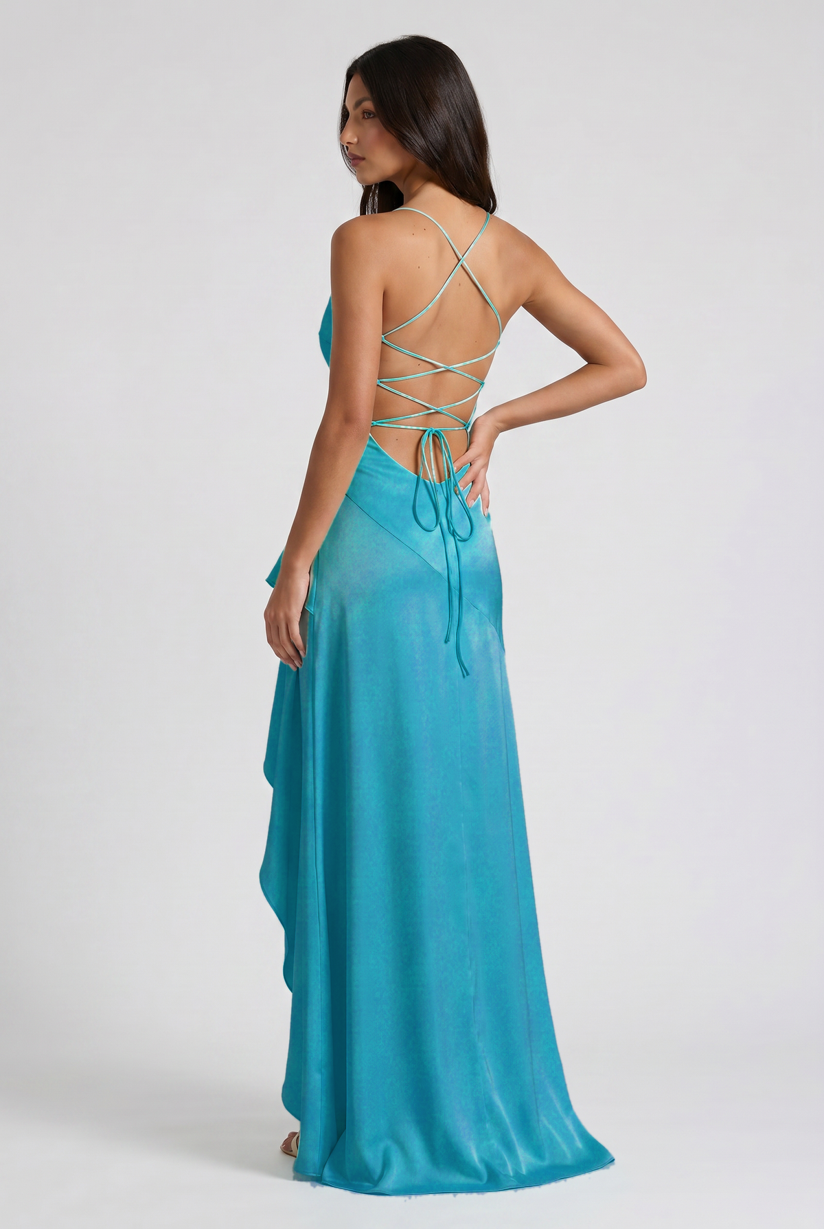 Vestido maxi Samira en turquesa, vista trasera