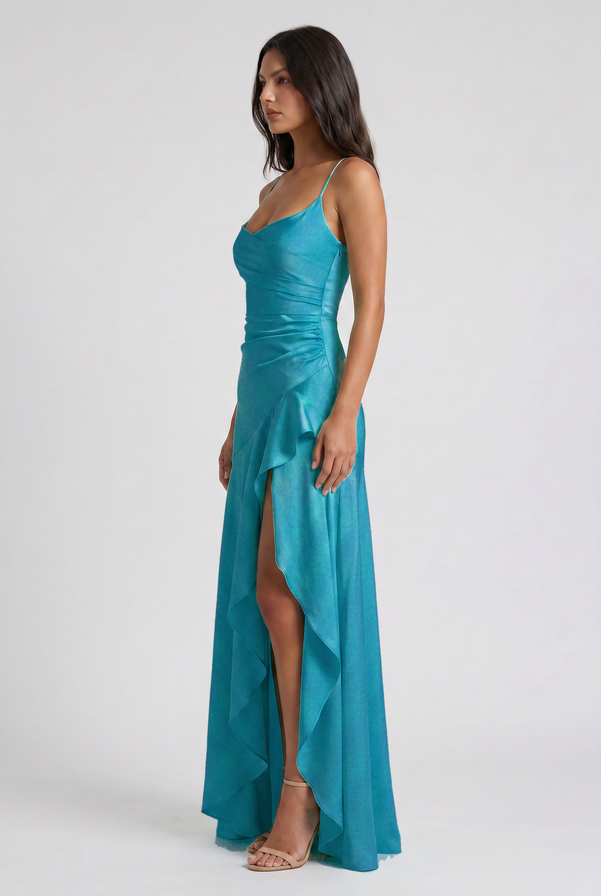 Vestido maxi Samira en turquesa, vista lateral